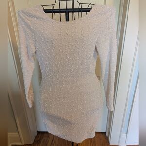 Jennifer Lopez Ivory Fitted Sequin Scoop Neck Midi Dress